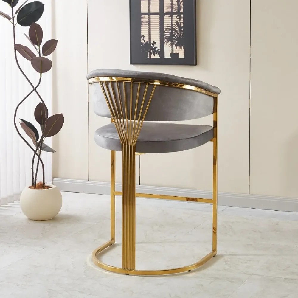 Scaun bar, cadru metalic auriu, catifea, Gri-Albastru închis/Auriu