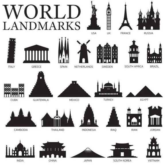 Ilustrație World Countries Landmarks Silhouette Set, MuchMania