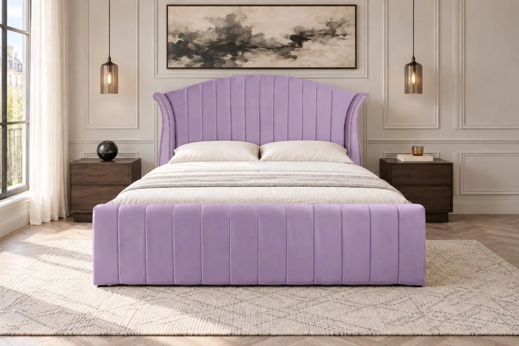 Pat tapițat din catifea Velluto Line 160×200 cm, lila, cu ladă de depozitare