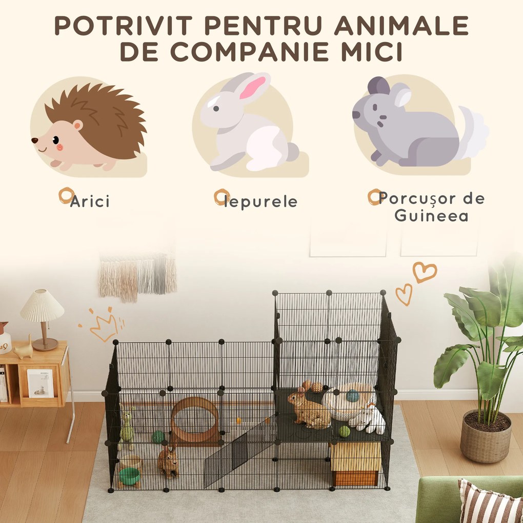 PawHut Țarc Modular pentru Animale de Companie de Talie Mică, cu 39 de Panouri și Accesorii, 140x70x105 cm, Negru | Aosom Romania