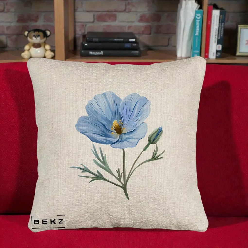 Perna Decorativa Mac Albastru Acuarela, 40x40 cm, Bej Canapea, Husa Detasabila, Perna Inclusa, BEKZ®