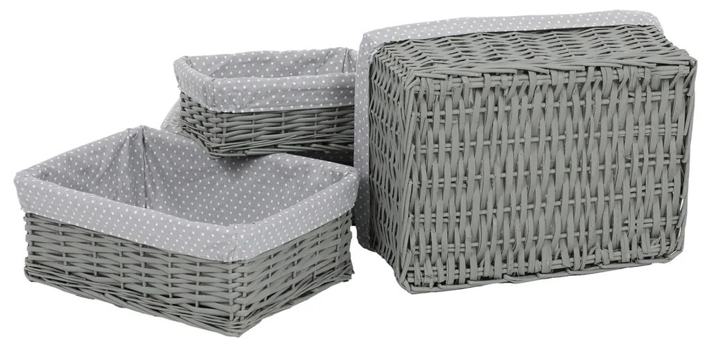 Set coșuri de răchită cu țesătură buline gri, 5 buc., 5 dimensiuni, 48 x 18 x 37 cm