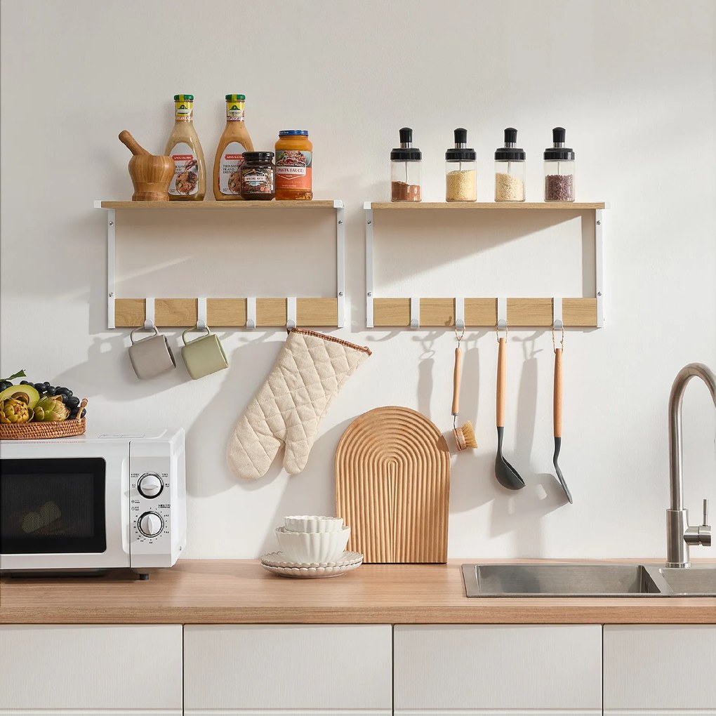 Polita de perete cu carlige VELORY set 2 buc 50x24,2 cm, alb/dub sonoma