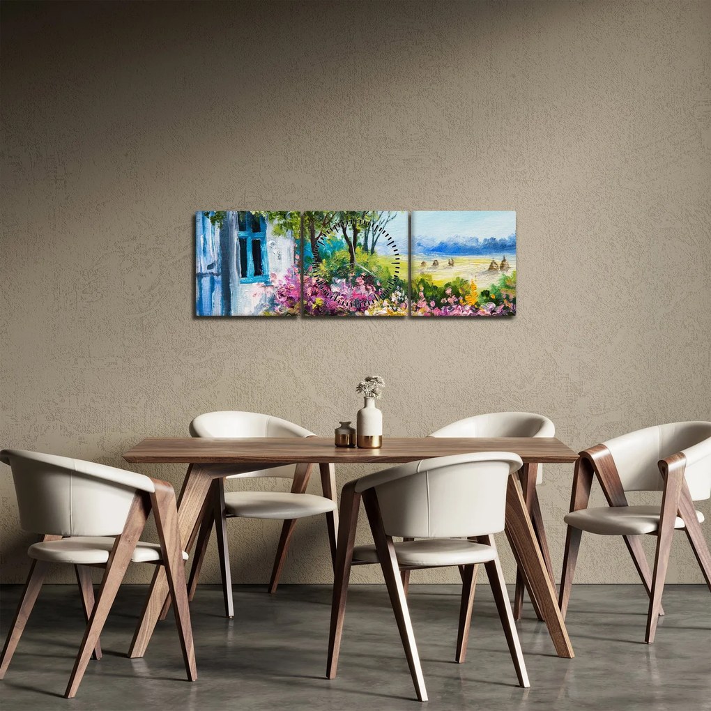 Tablou - Grădina din fața casei, pictură în ulei (cu ceas) (90x30 cm)
