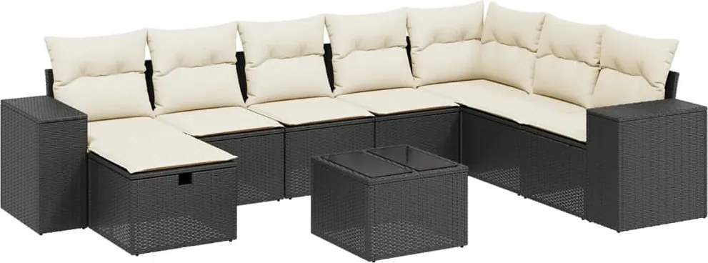 vidaXL Set mobilier de grădină cu perne, 9 piese, negru, poliratan