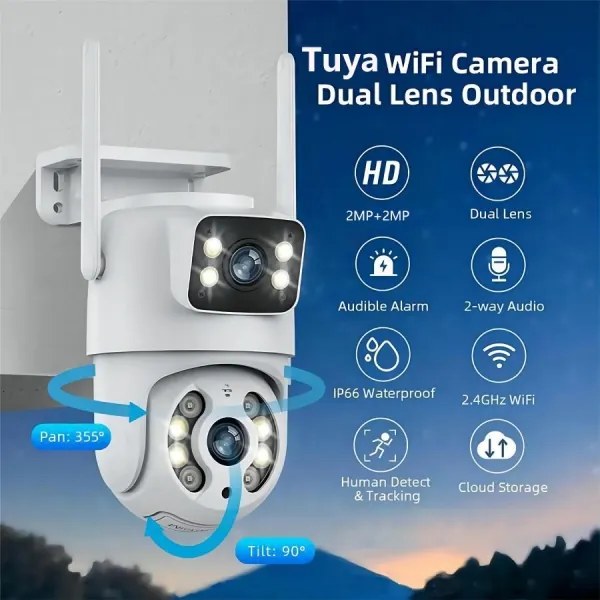 Immax NEO 07783L - Cameră smart exterioră DOUBLE 355° P/T 2x2MP IP65 Wi-Fi Tuya
