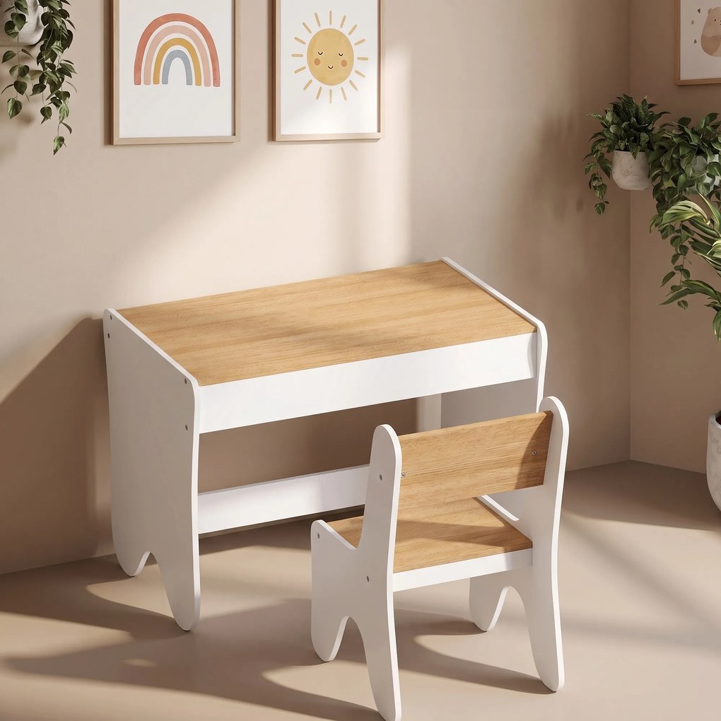 AIYAPLAY Set masă și scaun pentru copii, cu sertar, 3-8 ani, margini rotunjite, pentru camera copilului, living, grădiniță, alb | Aosom Romania