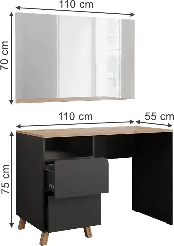 Masuta machiaj cu Oglinda LED si 2 Sertare pentru Cosmetice, Set Masa toaleta 110 cm, Gri, masuta cosmetica, vanity - SEG18