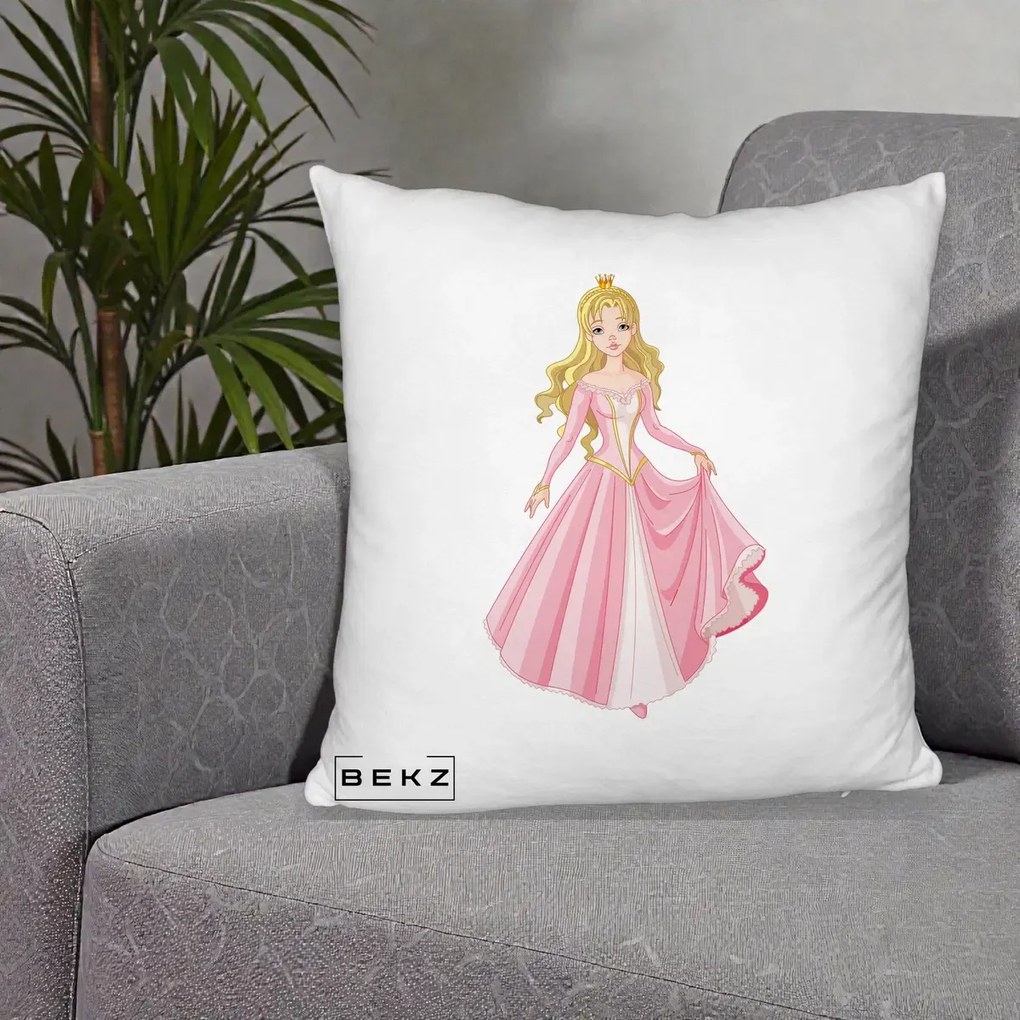 Perna Decorativa Printesa Aurora Rochie Roz, 40x40 cm, Alb Pufos, Husa Detasabila, Perna Inclusa, BEKZ®