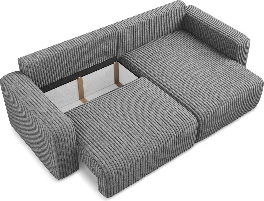 Colțar gri extensibil/cu spațiu de depozitare cu tapițerie din catifea reiată (cu colț pe partea dreaptă/cu șezlong) Kona – Makamii