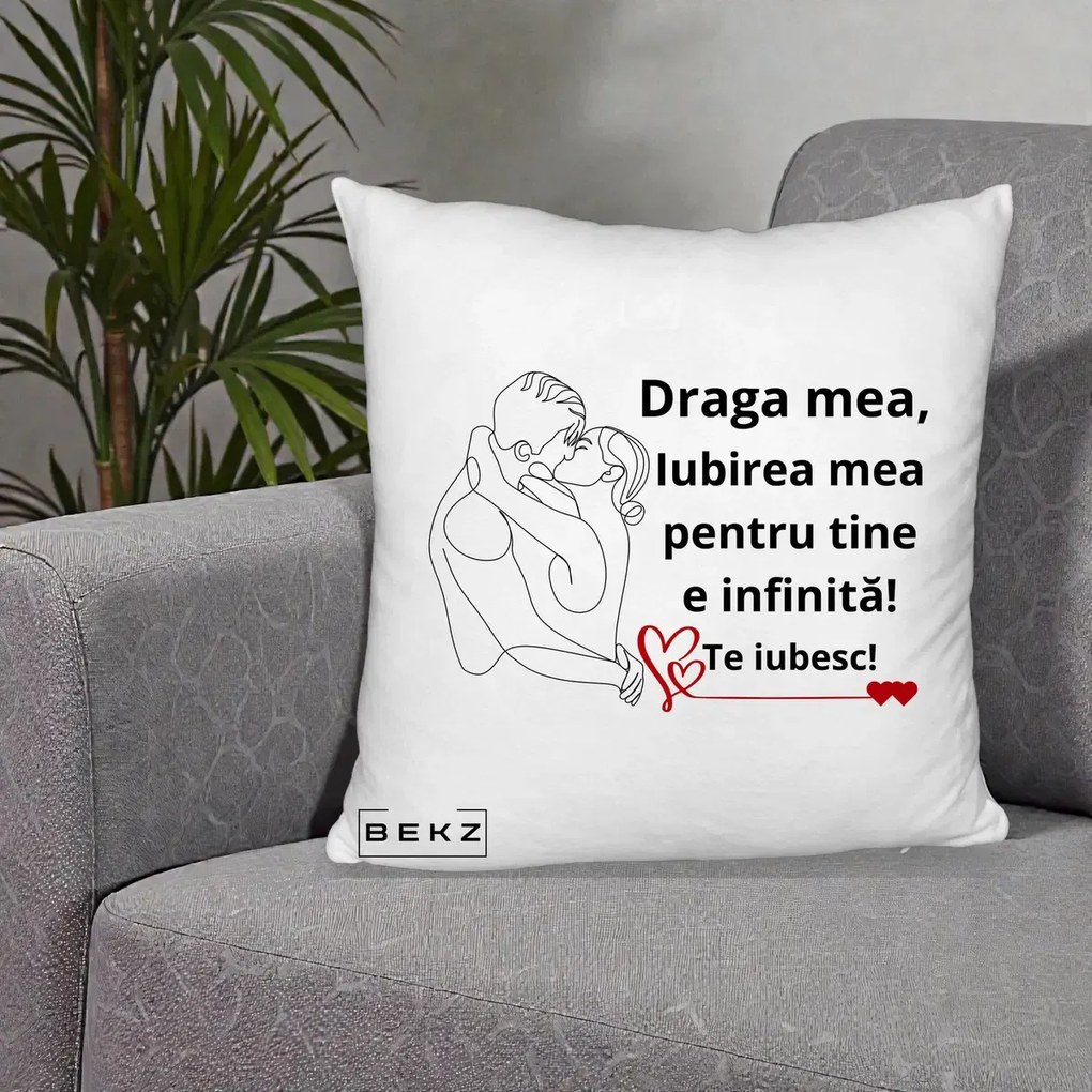 Cadou pentru Iubita - Perna Personalizata Draga Mea Iubirea Mea pentru Tine e Infinita Te Iubesc, 40x40 cm, Alb Pufos, Husa Detasabila, Perna Inclusa, BEKZ®