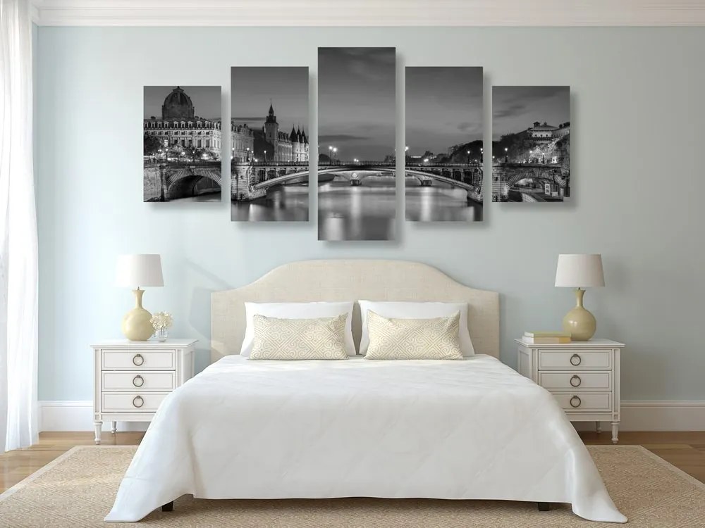 Tablou 5-piese panorama orbitoare ale Parisului în design alb-negru