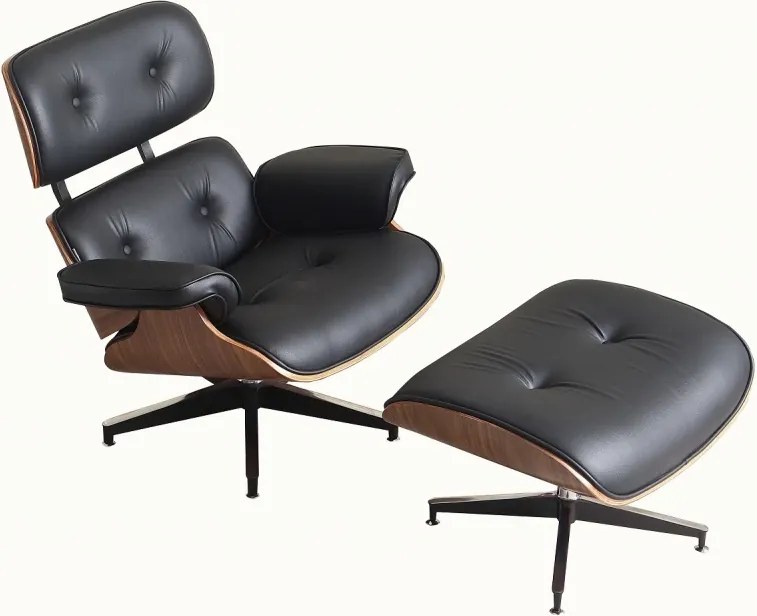 AVALON Accent Lounge Chair & Ottoman – Fotoliu Premium cu Taburet, Design Ergonomic, Piele Ecologică PU Premium, Furnir culoare Lemn Nuc, Bază Pivotantă din Aluminiu, Negru