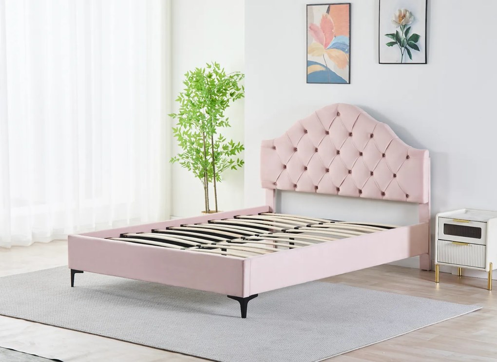 Pat Tapitat Catifea Roz 140x200 cm cu Somiera si Saltea Inclusa ,   Cod FB-227