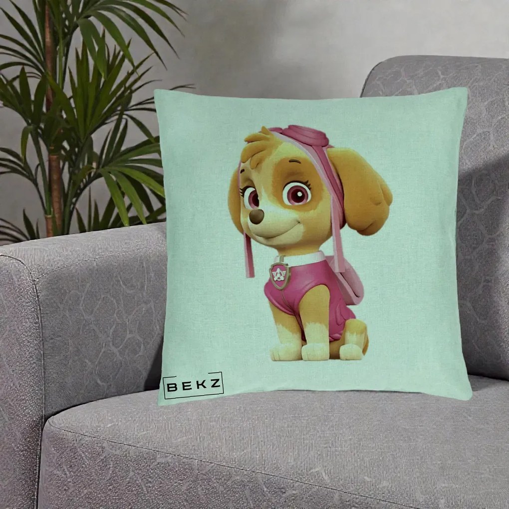 Perna Personalizata Skye PAW Patrol Roz, 40x40 cm, Verde Menta, Husa Detasabila, Perna Inclusa, BEKZ®