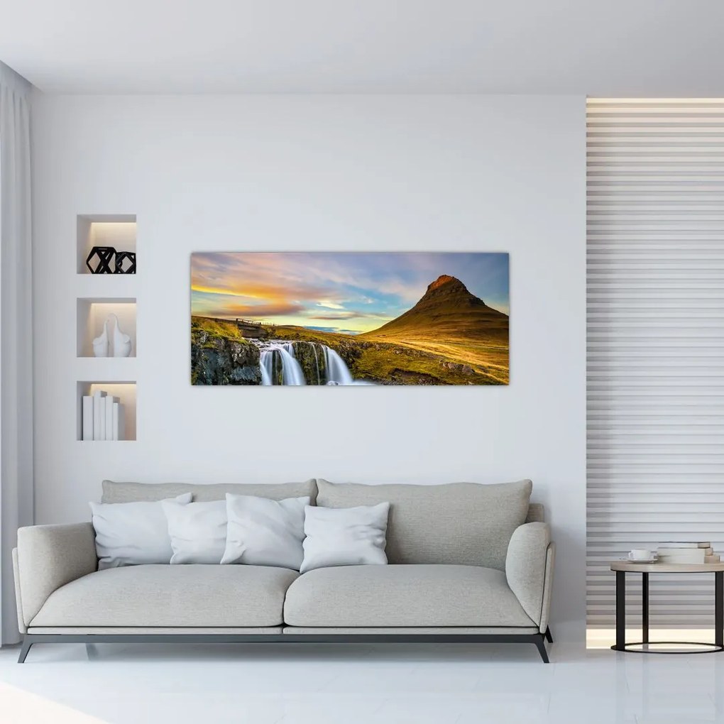 Tablou cu munții și cascade pe Islanda (120x50 cm)