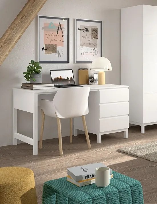 Set Complet Mobilier Cameră Copii Eva: Pat 90x200 cm, Noptieră, Dulap 3 Uși și Birou cu Sertare, Alb – Vipack