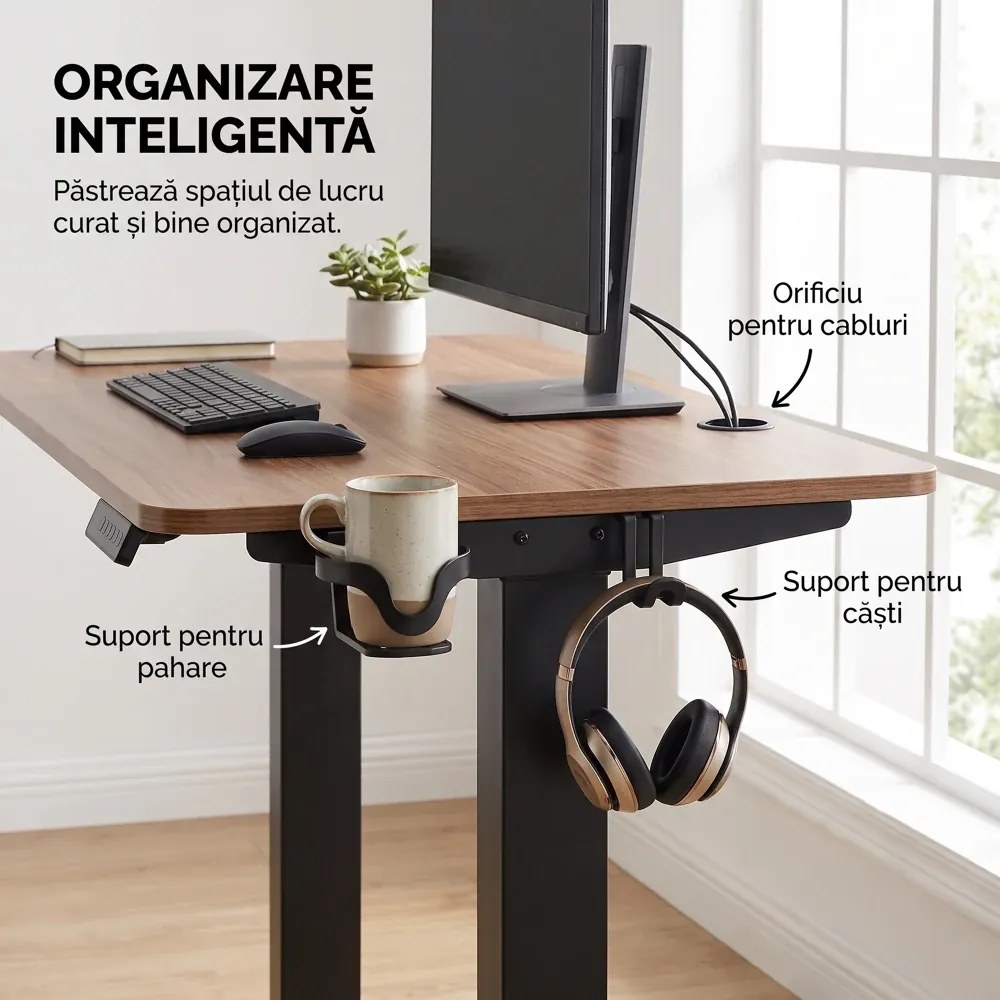 ELEVON WX-009 – Birou Reglabil Electric, Înălțime Reglabilă 72–118 cm, Blat Monobloc PAL de Înaltă Densitate 15 mm, Cadru Metalic din Oțel 65×45 mm, Panou Electronic, 100 × 60 cm, Walnut