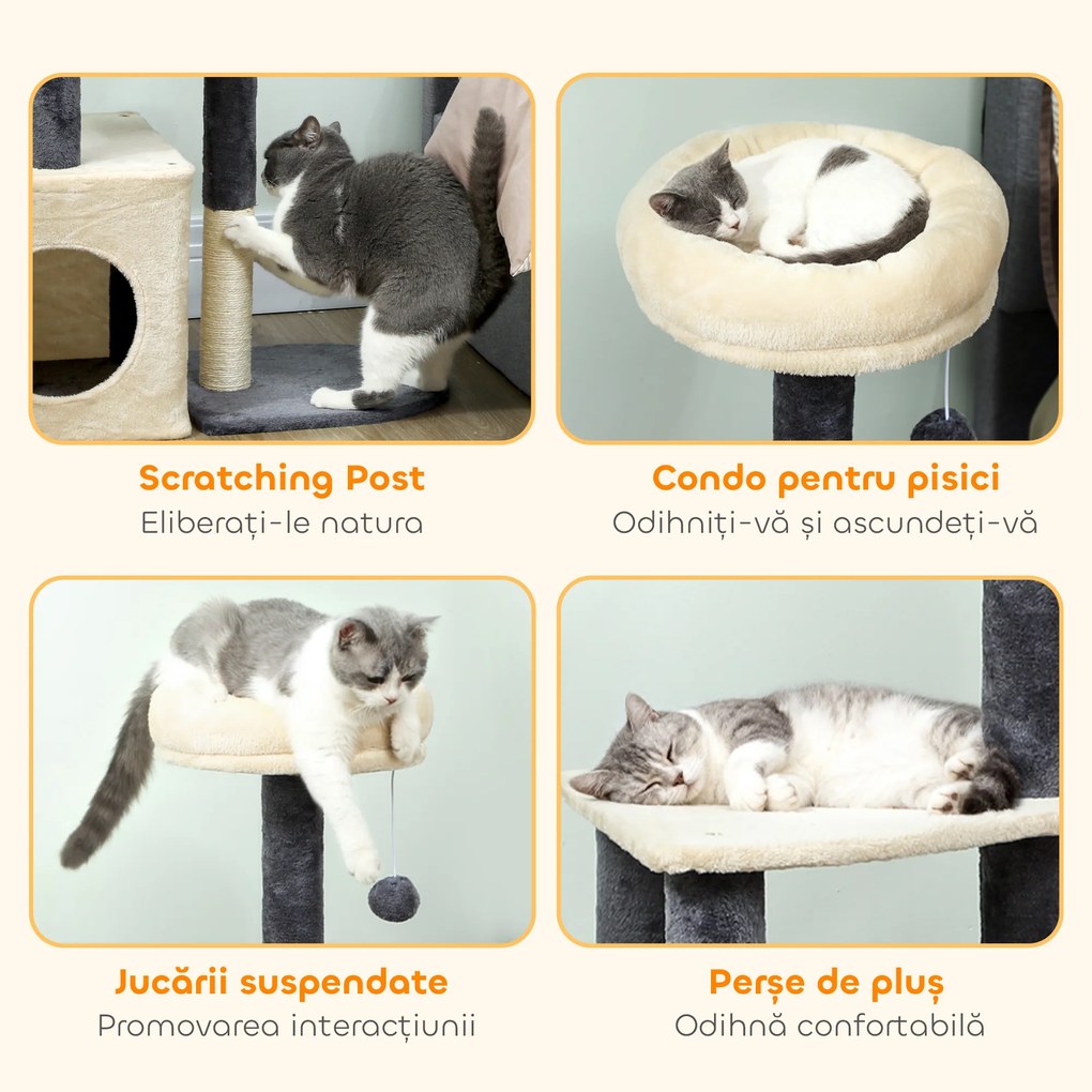 PawHut Arbore zgârietor pentru pisici, înalt de 92 cm, cu căsuță, culcuș, stâlpi din sisal și bila, crem alb | Aosom Romania