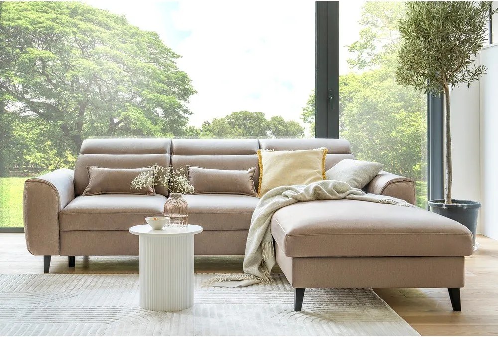 Colțar maro deschis extensibil/cu spațiu de depozitare cu tapițerie din catifea (cu colț pe partea dreaptă/cu șezlong) Foble – ELTAP