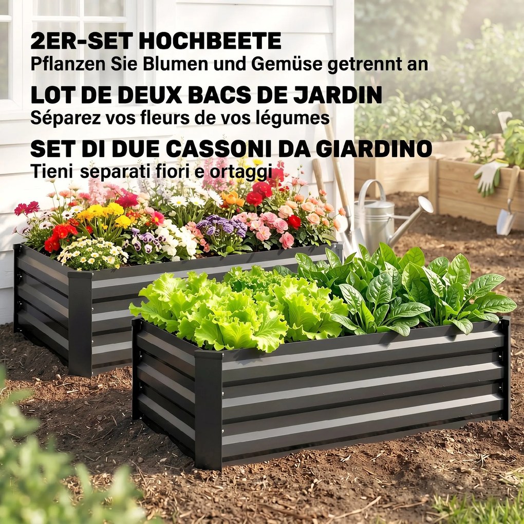 Outsunny Set de 2 Paturi Galvanizate Inaltate pentru Gradina, Cutie de Plantare Inaltata pentru Exterior, Usor de Asamblat, pentru Cultivarea Florilor