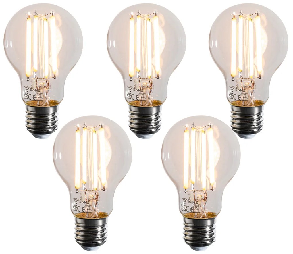 Set de 5 becuri LED inteligente E27, dimabile în Kelvin, A60, clare, 7W 806 lm 1800-3000K