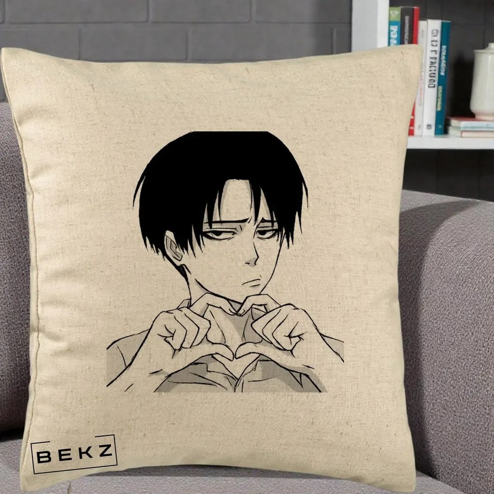 Perna Personalizata Levi Ackerman Inima, 40x40 cm, Bej, Husa Detasabila, Perna Inclusa, BEKZ®