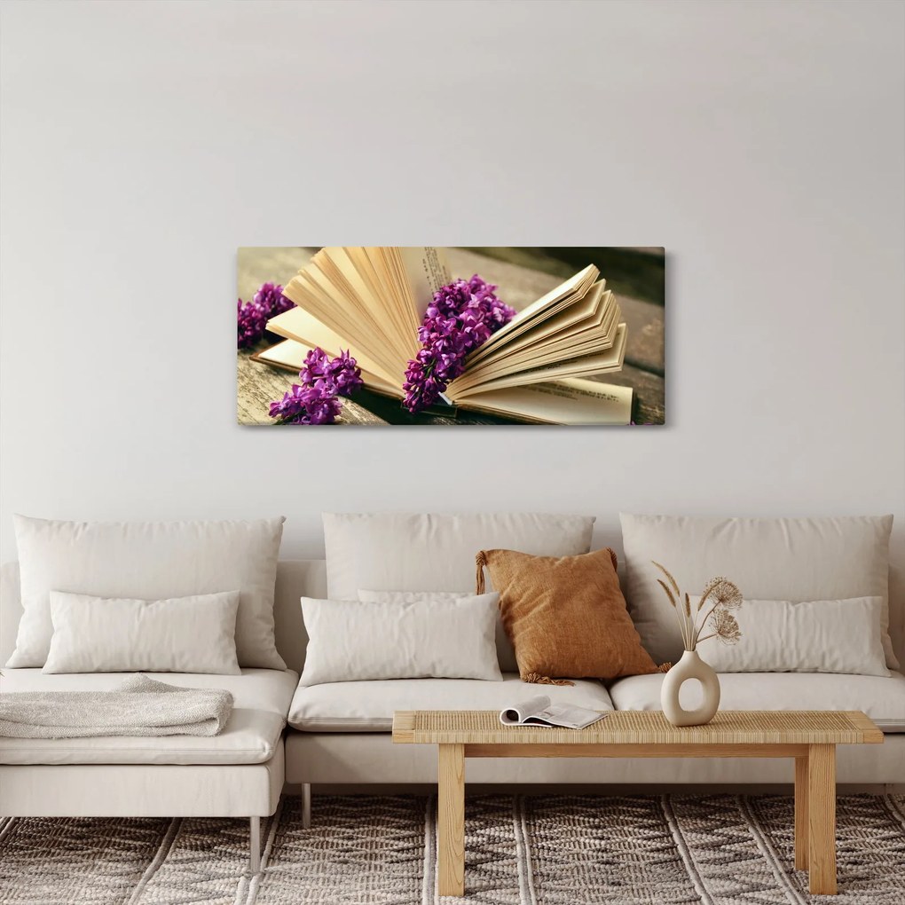 Tablou cu carte și floare violetă (120x50 cm)