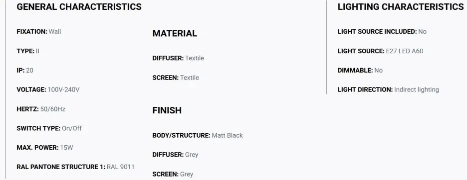 Aplica de perete abajur textil WINDSOR negru, gri