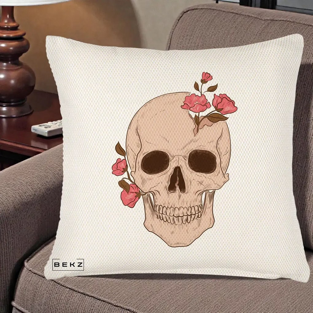Perna Decorativa Craniu Floral Gothic, 40x40 cm, Crem Reliefat, Husa Detasabila, Perna Inclusa, BEKZ®