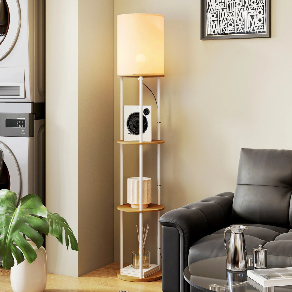 HOMCOM Lampă de podea cu rafturi cu 3 temperaturi de culoare telecomandă pentru living dormitor birou lemn natural | Aosom Romania