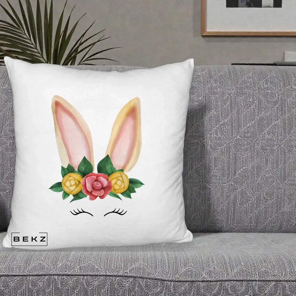 Perna Decorativa Iepuras Flori Urechi Pastelui, 40x40 cm, Alb Pufos, Husa Detasabila, Perna Inclusa, BEKZ®