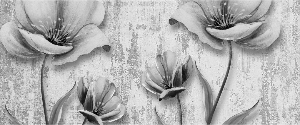 Tablou - Flori alb-negru pe fundal (120x50 cm)