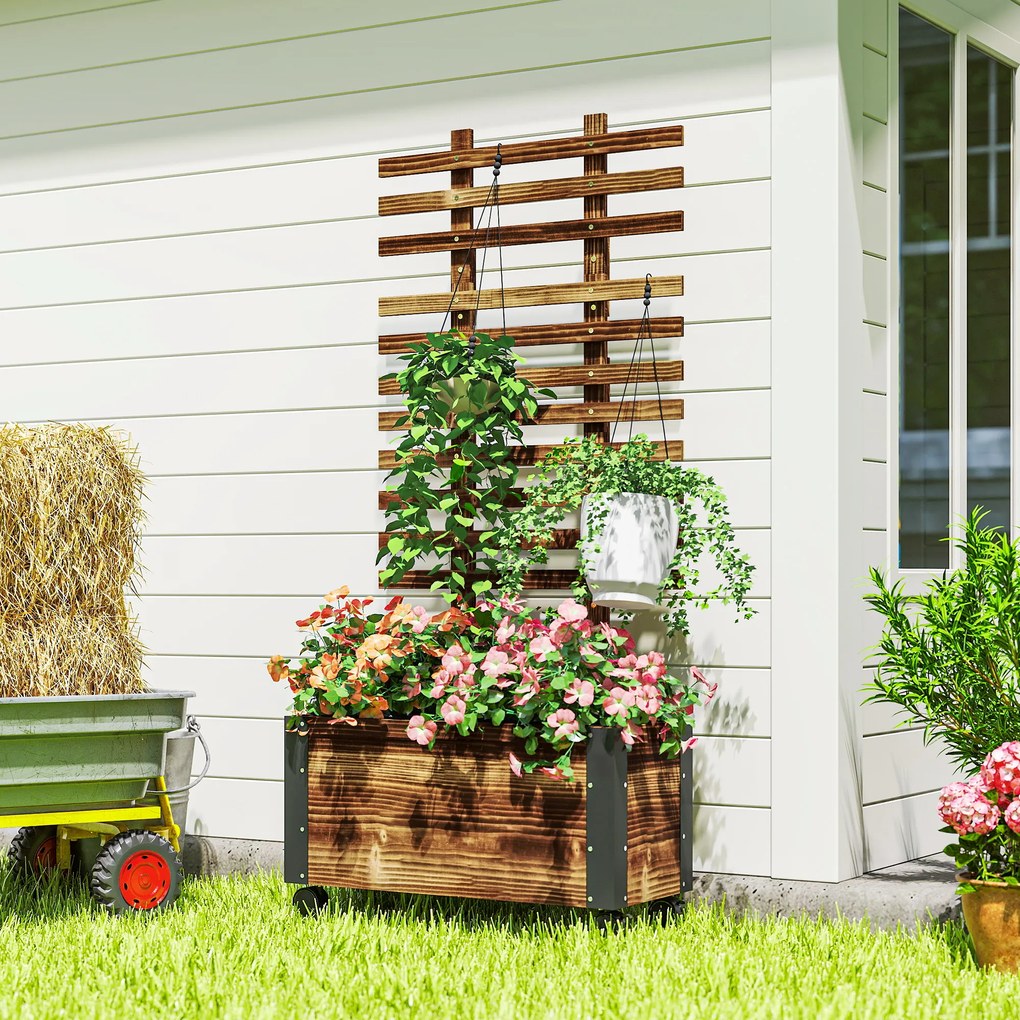 Outsunny Jardiniera cu Spalier pentru Plante Agatatoare si Roti, Jardiniera din Lemn de Brad cu Design Autodrenant, 65x31x147 cm, Maro Carbonizat