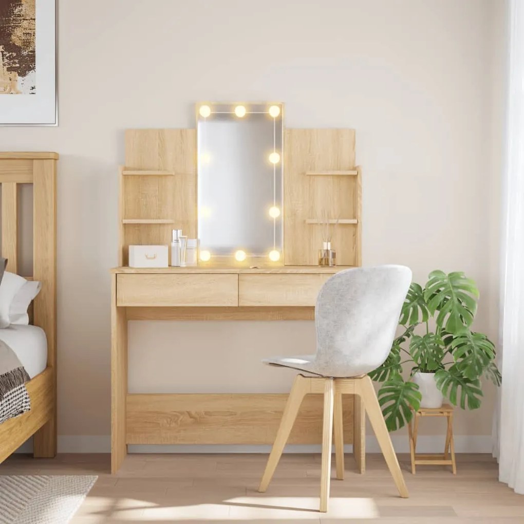 vidaXL Masă de toaletă cu LED-uri, stejar sonoma, 96x40x142 cm