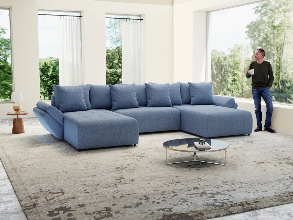 Colțar extensibil dumonde cu ladă de depozitare si sezut confortabil din spuma high-density, Berlin U Enjoy Blue 380x180 cm