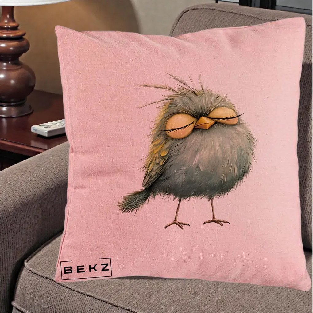 Perna Decorativa Pasare Teal Adormita cu Ochi Galbeni, 40x40 cm, Roz, Husa Detasabila, Perna Inclusa, BEKZ®