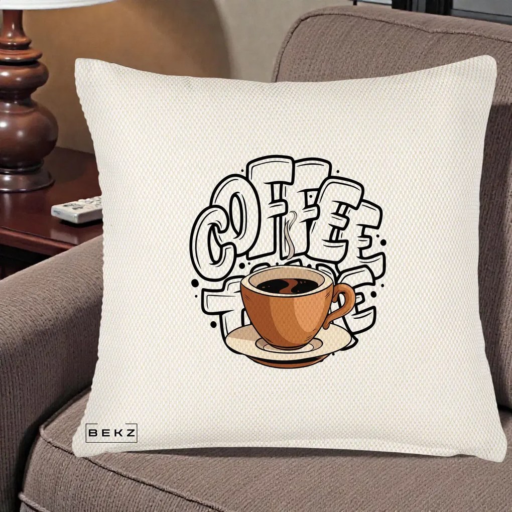 Perna Personalizata COFFEE cu Cana, 40x40 cm, Crem Reliefat, Husa Detasabila, Perna Inclusa, BEKZ®