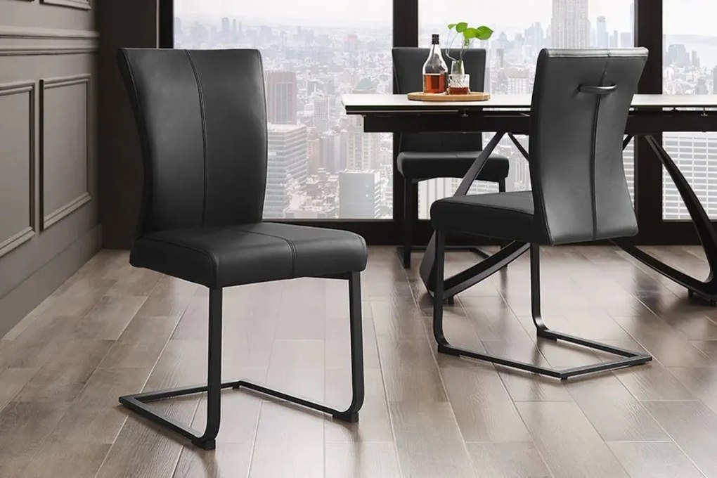 Set de 2 scaune, Metal, Piele Naturala, Negru, SAMSON