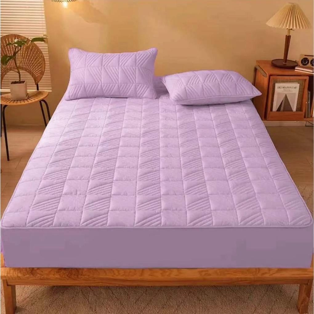 Husa de pat cu elastic si 2 fete de perna, policoton, pat 2 persoane, mov, HPEC-07