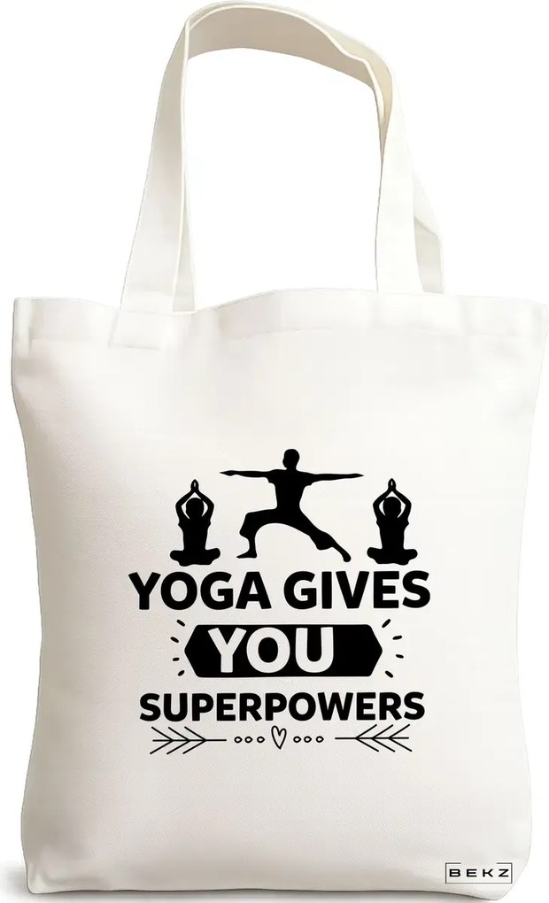 Sacosa de Panza pentru Cumparaturi, Geanta Tote Yoga gives you super powers, 38x34.5 cm, Alba, BEKZ®