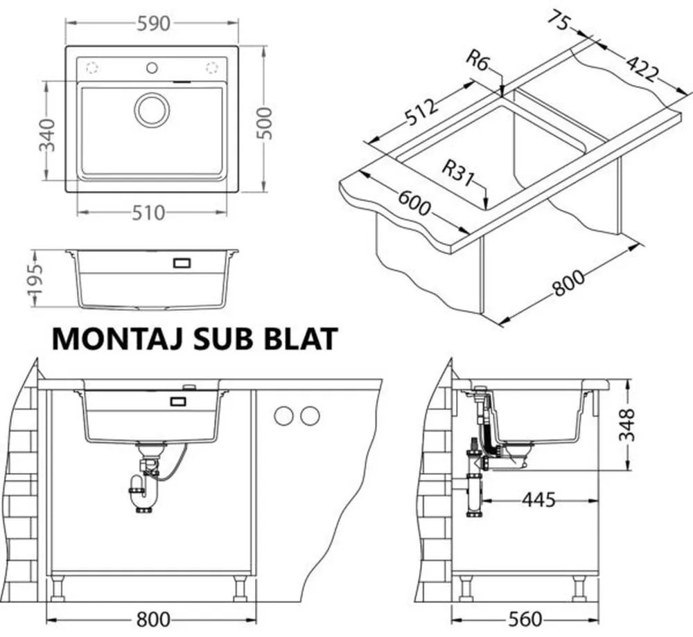 Set chiuveta bucatarie compozit Atrox 30 alba, baterie bucatarie Kati alba si accesorii Alb