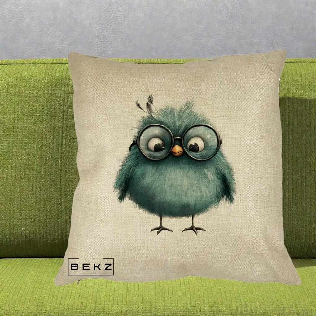 Perna decorativa Pui Teal cu Ochelari Rotunzi, 40x40 cm cu Umplutura, Crem, BEKZ