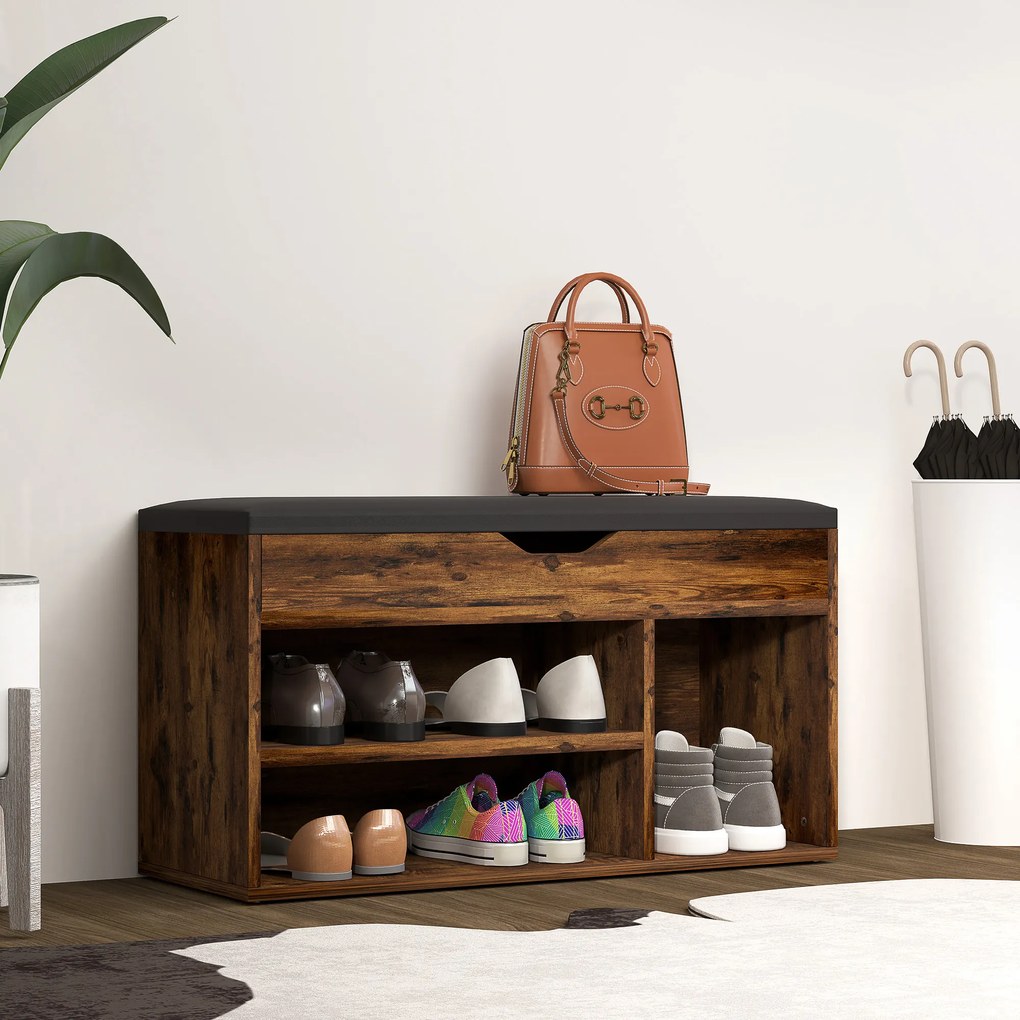 HOMCOM Mobilier pentru încălțăminte Bancă cu depozitare în 2 niveluri, nișă + compartiment integrat cu pernă, efect lemn de mahon | Aosom Romania