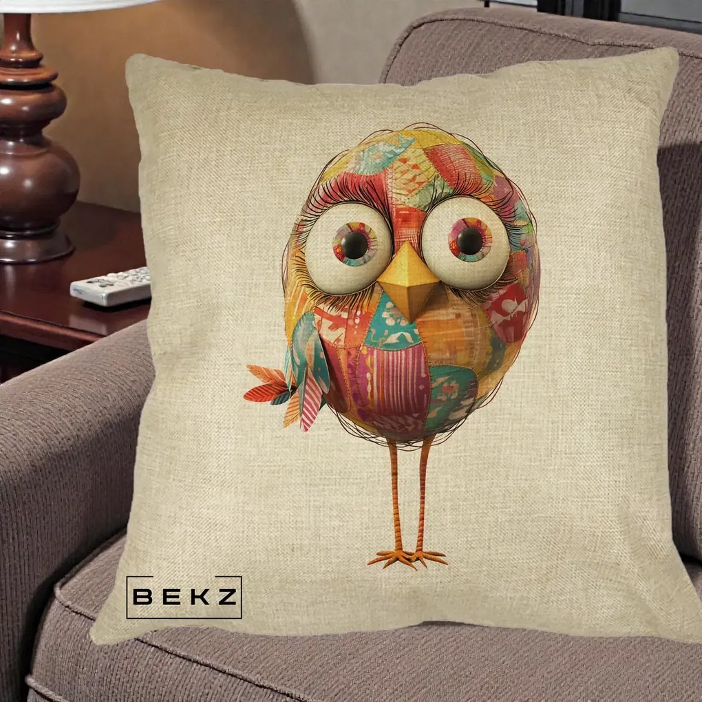 Perna Decorativa Pasare Patchwork cu Gene Lungi, 40x40 cm, Crem, Husa Detasabila, Perna Inclusa, BEKZ®