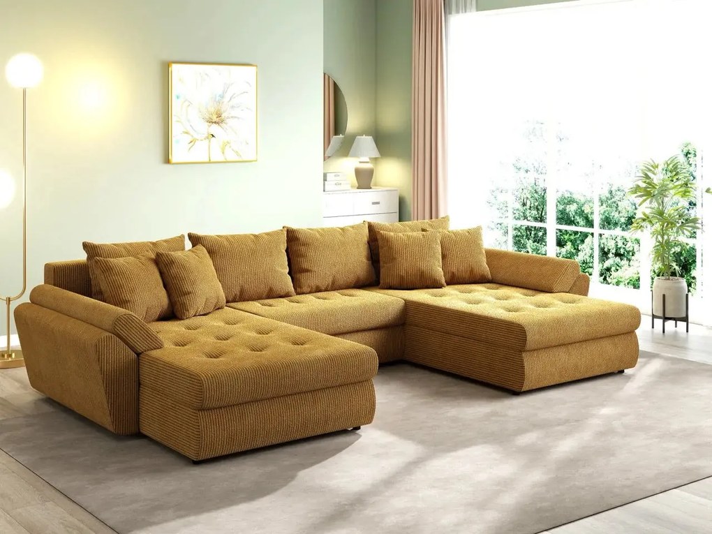 Colțar extensibil dumonde cu ladă de depozitare si sezut confortabil din spuma high-density, Loana U Zoom Mustar 355x185 cm