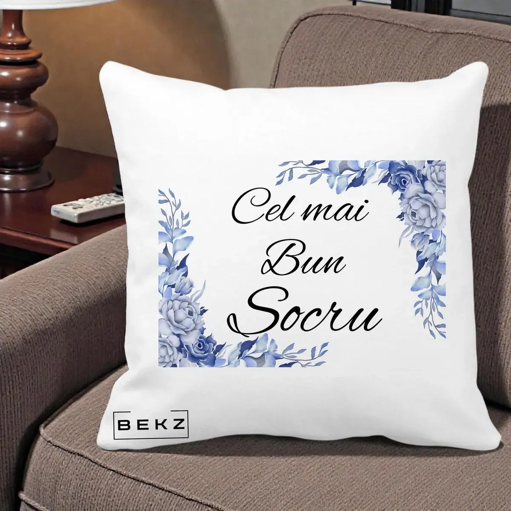 Cadou pentru Socru - Perna Personalizata Cel mai Bun Socru cu Flori Albastre Acuarela, 40x40 cm, Alba Mata, Husa Detasabila, Perna Inclusa, BEKZ®