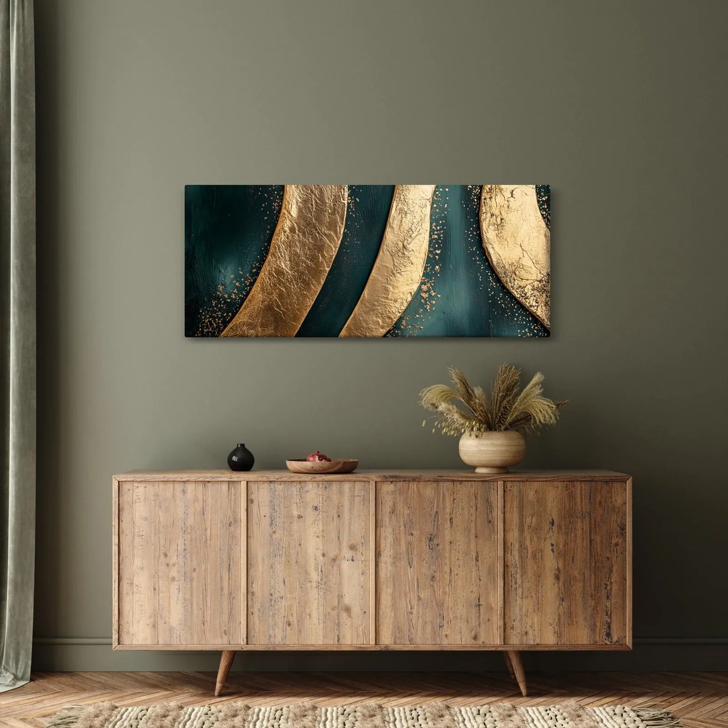 Tablou - Abstracție verde cu auriu I. (120x50 cm)