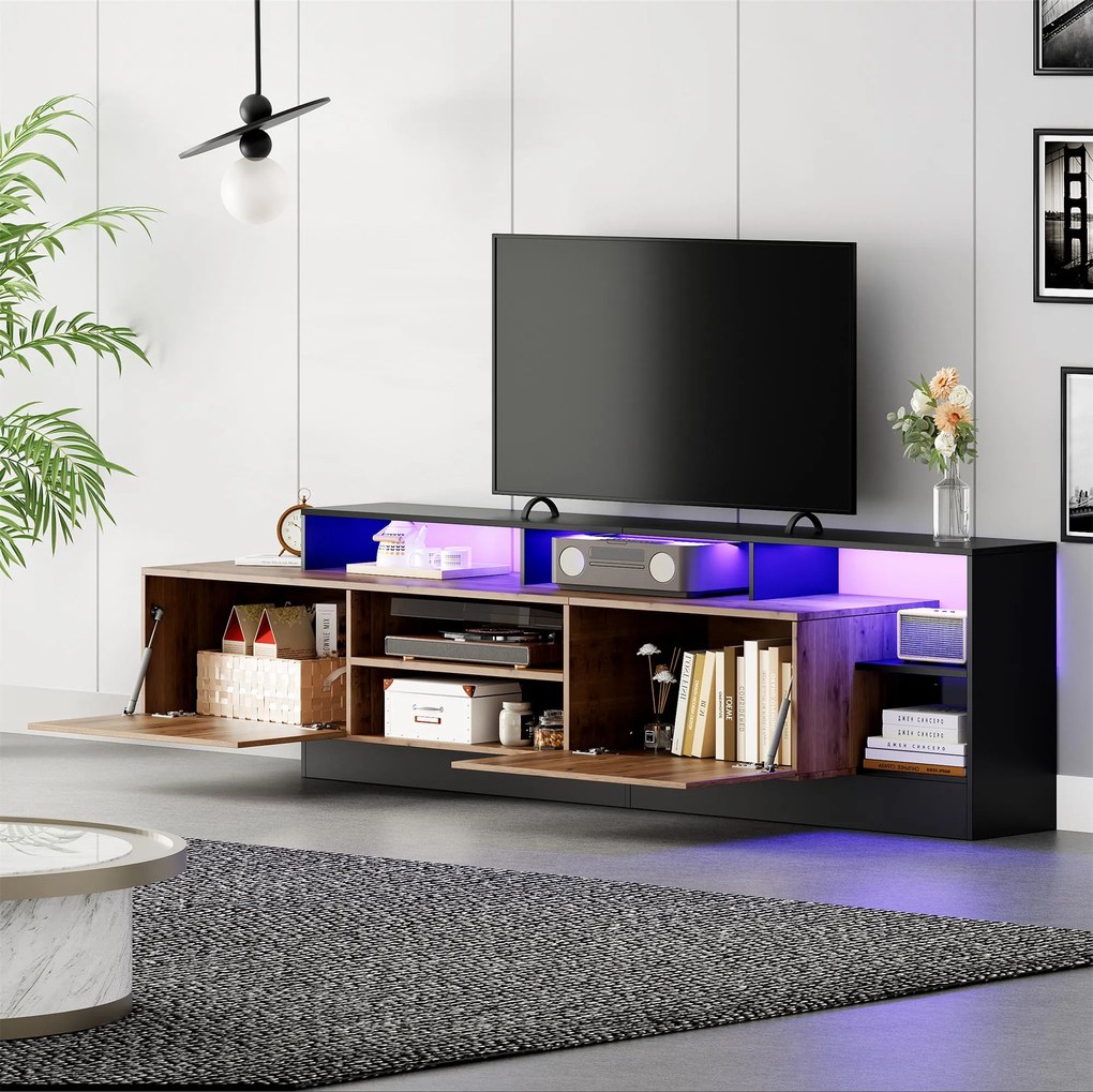 Dulap TV modern, cu iluminare LED și spațiu de depozitare deschis, 190x40x48,5 cm, Negru + Culoare naturală