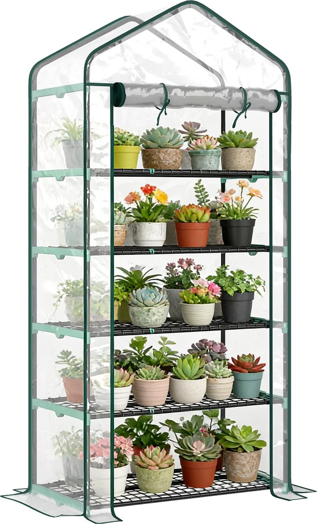 Outsunny Seră de grădină din PVC cu 5 rafturi, mini-seră de balcon, cadru din oțel, ușă cu fermoar, 90x49x193cm, transparent | Aosom Romania